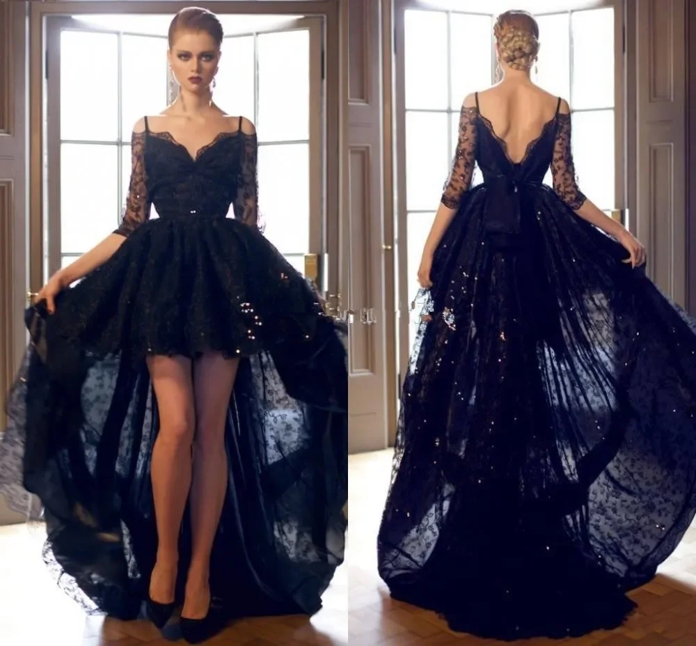 Black Lace High Low Prom Dresses Sexy 3/4 Sleeves Sequin Off Shoulder Deep V Neck Backless Evening Dresses