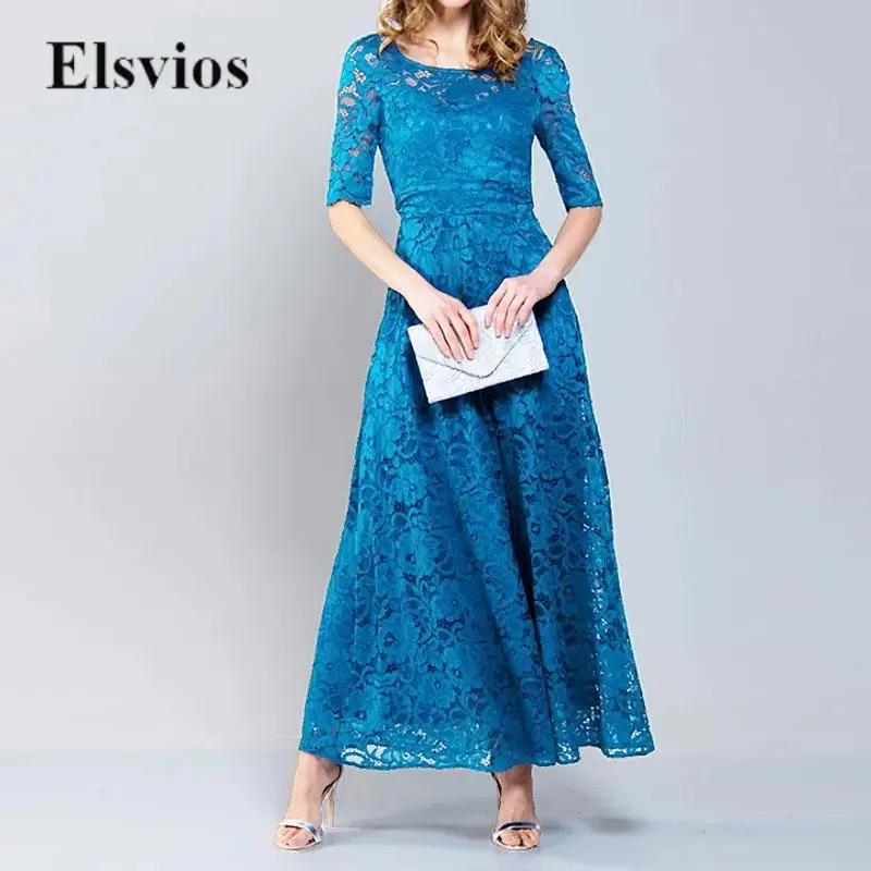 

Vintage Crochet Hollow Lace Commuting Dress Elegant O-Neck Half Sleeve Slim A-Line Dress Women Fashion Solid Evening Long Dress