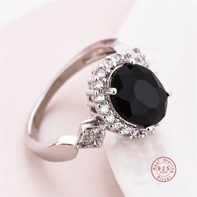 925 Sterling Silver Stackable Ring Round Black CZ Crystal Finger Ring for Women Wedding Party Bague Bijoux silver ring,wedding rings,silver rings