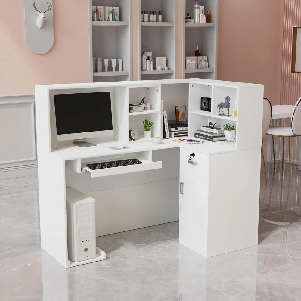 Reception Desk, L Shaped Standing Front Desk Reception with Counter, Lockable Drawers & Adjustable Shelf for Salon Office