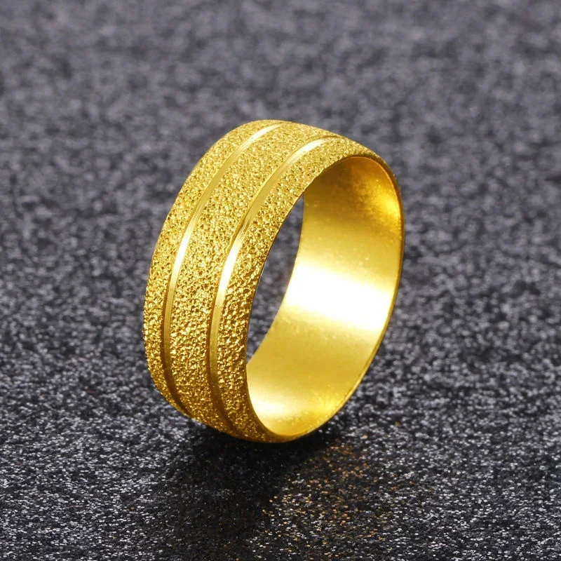 

High Quality Korean Version Simple Pure Plated Real 18k Yellow Gold 999 24k Frosted Car Flower Art Ring For Men And Women Never