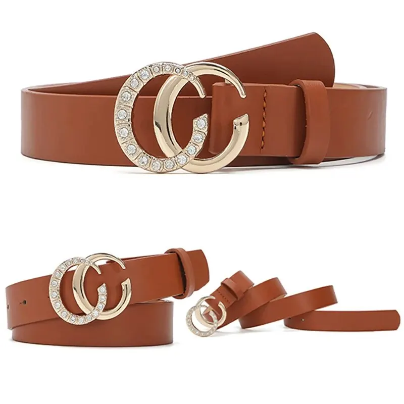 1pc Women's Belt Fashionable Rhinestone Inlaid Golden CC Buckle Belt Retro Hundred Paired Dress Jeans Belt Pu Leather Lady Belt
