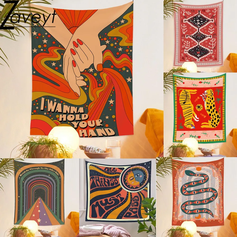 75X58Cm Boho Coppia Style "I Wanna Hold You Hand" Sun Rainbow Tapestry Wall Hanging Retro Style Sun Trippy Estetica Room Decor