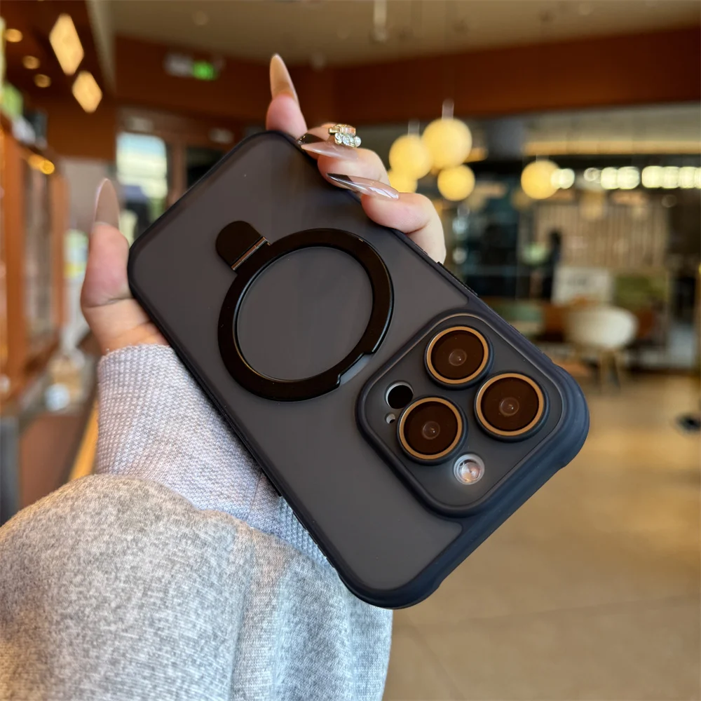 Luxury Matte Translucent Magnetic Ring Stand Phone Case with Lens Protection and Shockproof Design