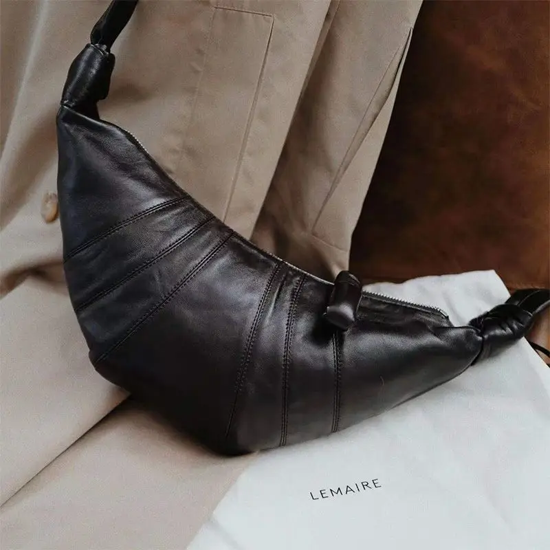 

Lemaire Classic Solid Color Famous Brand Horn Design Croissant Woman's Leather Crossbody Knot Pleated Dumpling Chest Bag Soft