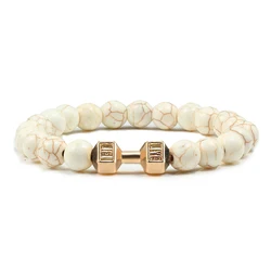 Natural Stone Energy Bracelet with Barbell Charm - Versatile Jewelry Gift for Couples and Fitness Enthusiasts (White 3)