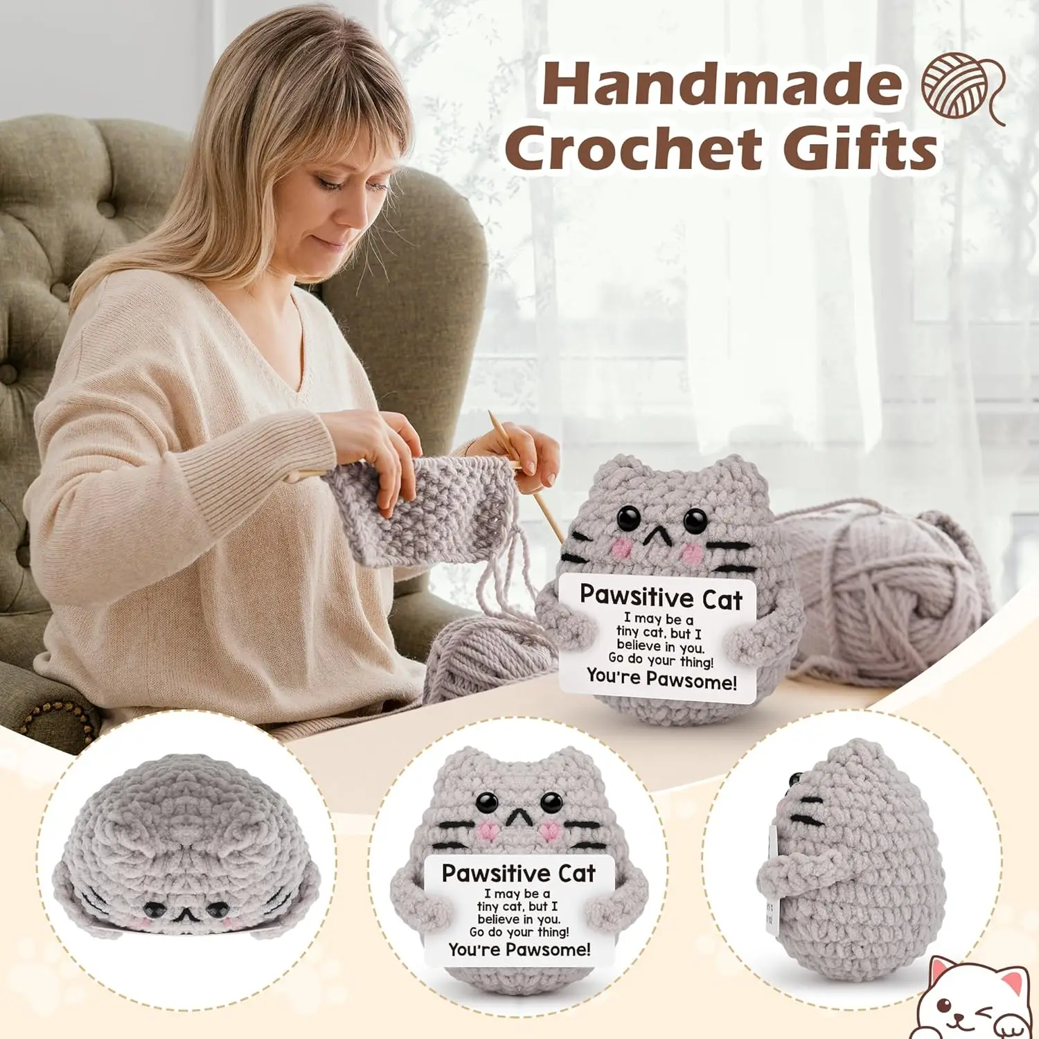 Emotional Support Cat Gift Funny Positive Crochet Cat With Card Positive Gifts | UK