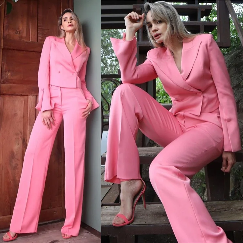 

Designer Women Suits Set Blazer Pants 2 Pcs Hot Pink Tailor Made Wedding Tuxedo Formal Office Shortened Jacket Prom Dress