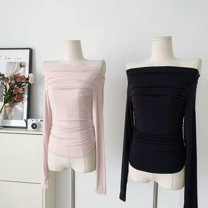 

Oblique Shoulder Fold Knitted Sweater Women's Super Stitch Niche Senior Korean Brands Luxury Bottoming Shirt Off-shouder Top