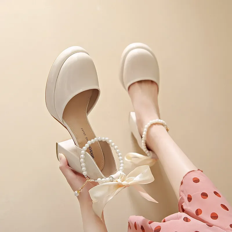 

Женские удобные сандалии на каблуке средней высоты, бежевые Босоножки с открытым носком, Туфли Мэри Джейн средней длины в стиле ретро, лето 2023