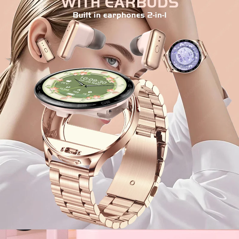 2025 New TWS Smartwatch Earphone 2 In 1 Women Watches with Earbuds Strong Sound Effects Music Lover Waterproof Ladies Smartwatch 5