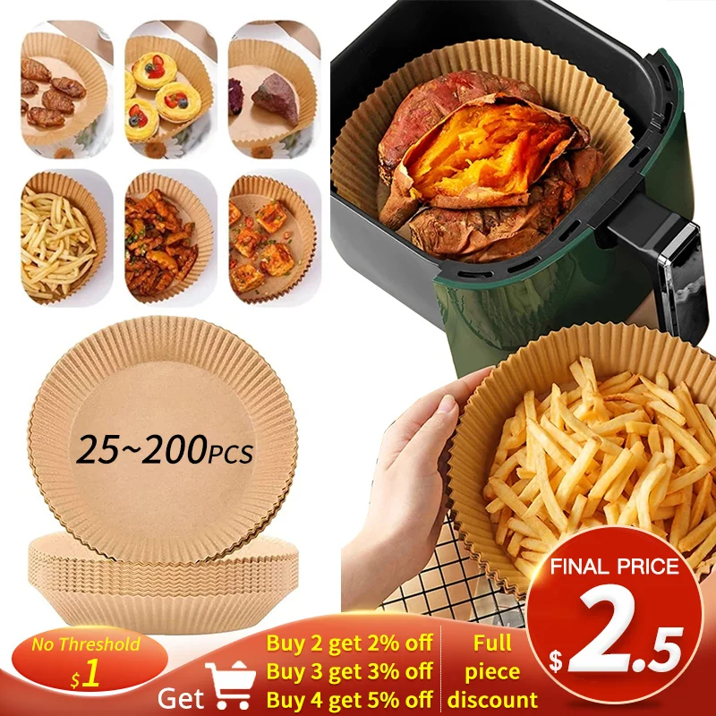 5~200PCS Air Fryer Parchment Paper Liners Non-Stick Disposable Paper Tray Barbecue Plate Food Oven Kitchen Round Baking