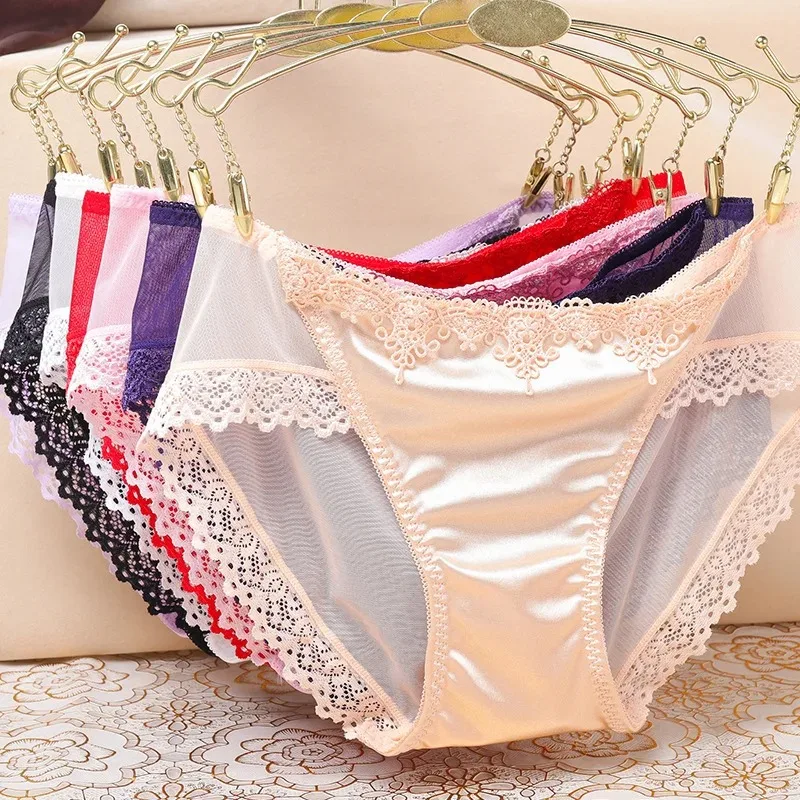 Satin Silk Panties Sexy Panty Briefs Lace Panties Women Underwear Lingerie Panties for Female Ladies Floral Pantys Underpants