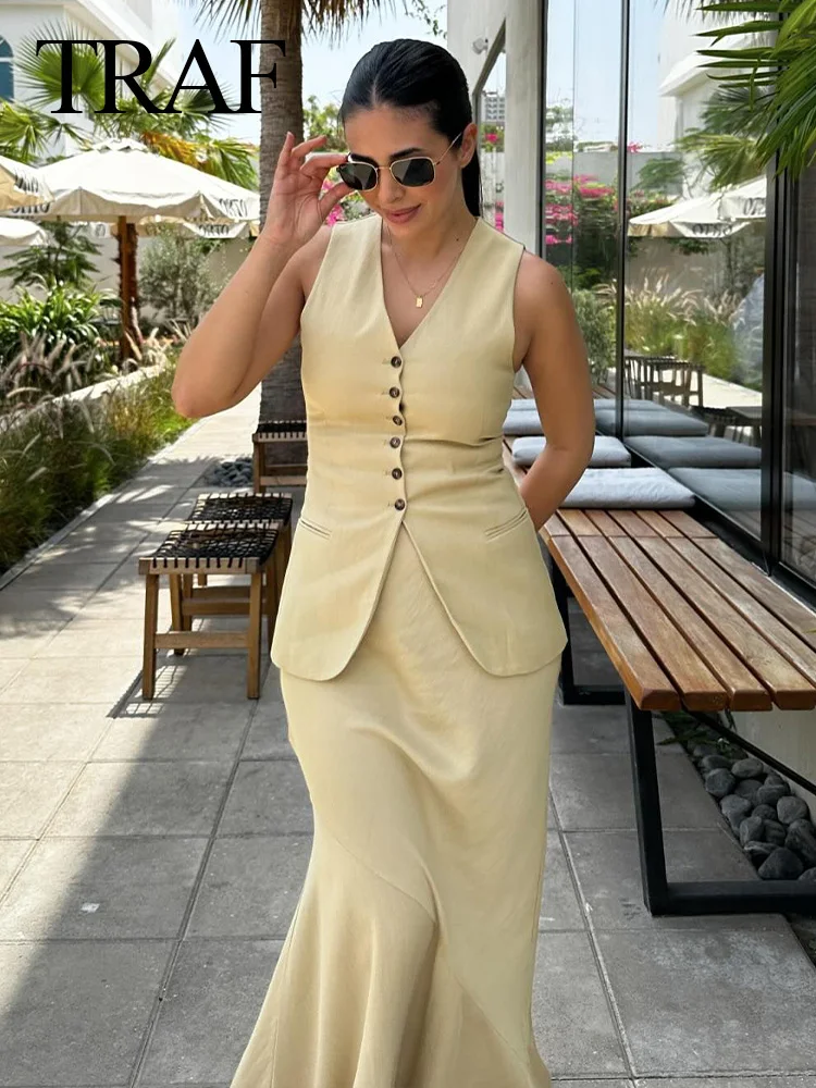 

TRAF Woman Fashion Summer Chic Suits Khaki V-Neck Sleeveless Pockets Single Breasted Waistcoats+High Waist Asymmetrical Skirt