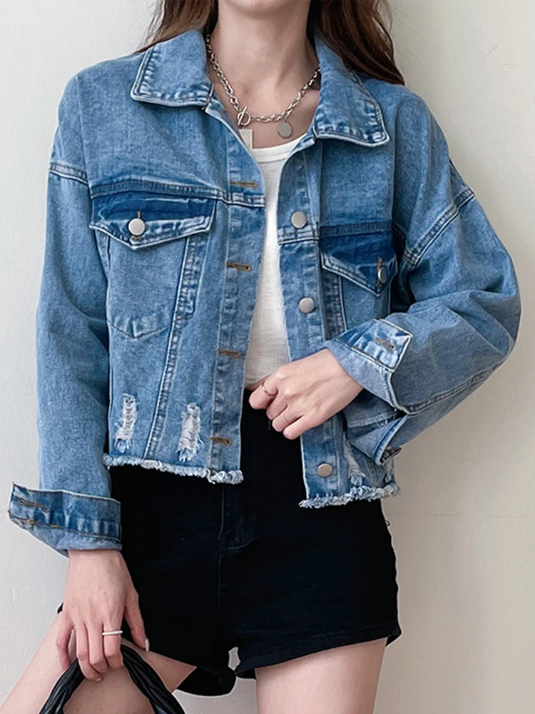 Vintage Women's Jean Jacket Button Down Cropped Frayed Denim Jacket Coat Loose Casual Streetwear Short Jacket Coat Female 2024