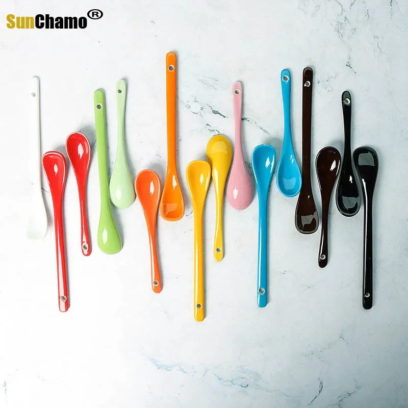 Colored Long Handle Ceramic Tableware Stirring Scoop Spoon Baking Tool