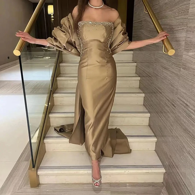 

Robes Off the Shoulder Evening Dresses Sexy Mermaid Ankle-Length Pleats Prom Gowns Beads Sweep Train Saudi Arab for Women فساتين