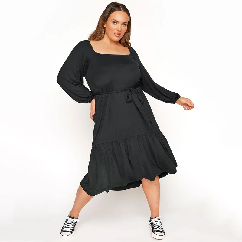 

Plus Size Square Neck Spring Autumn Elegant Smock Dress Women Long Sleeve Midi Tiered Dress Large Size Black Casual Dress 6XL 7X