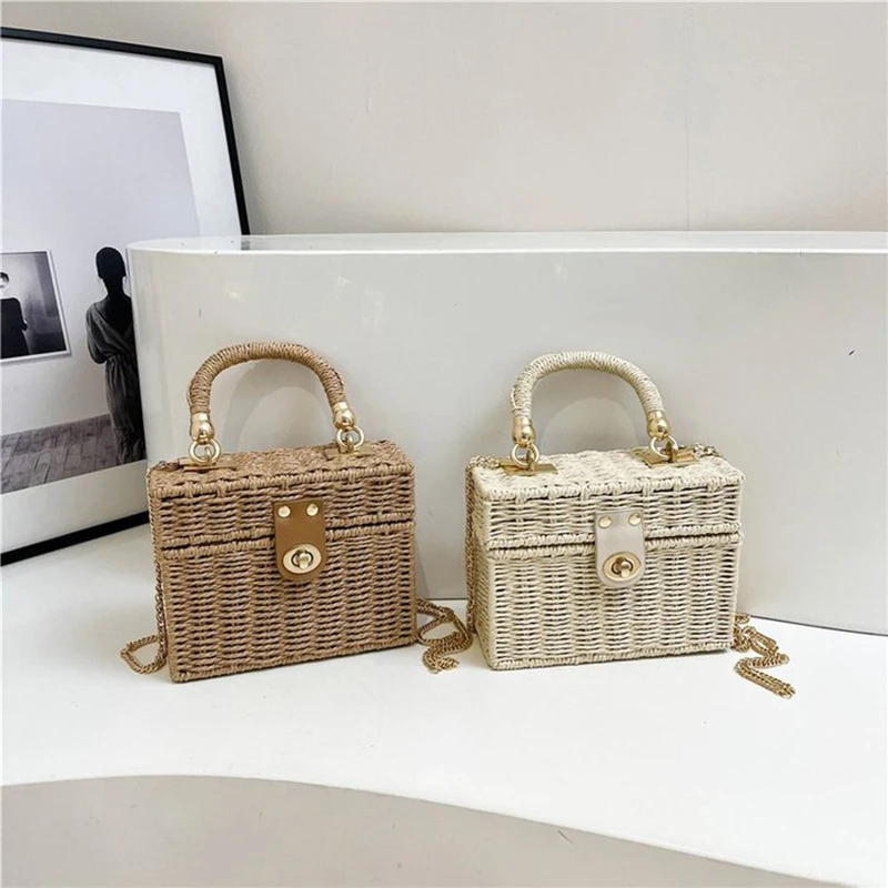 Handmade Summer Straw Bag Women Rattan Box Shoulder Travel Vacation Beach High Quality Square Purse Bolsa