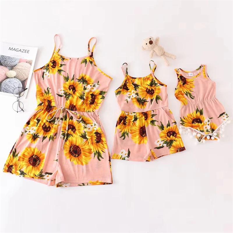 Tank Mother Daughter Matching Overall Dresses Family Set Sunflower Mom Baby Mommy and Me Clothes One-Piece Women Girls Jumpsuits