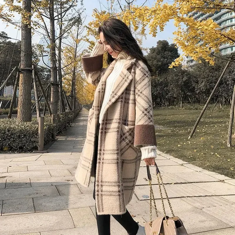 

Women Blends Long Sleeve Turn Down Collar Plaid Cardigan Single Breasted Button Coats Pockets High Street Outerwear Knitting