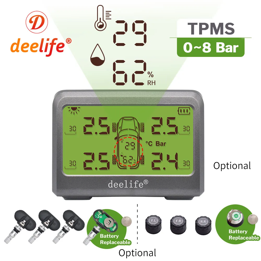 Deelife Tpms Solar Car Tire Pressure Monitoring System 08 Bar Tmps Wheel Tyre Internal External