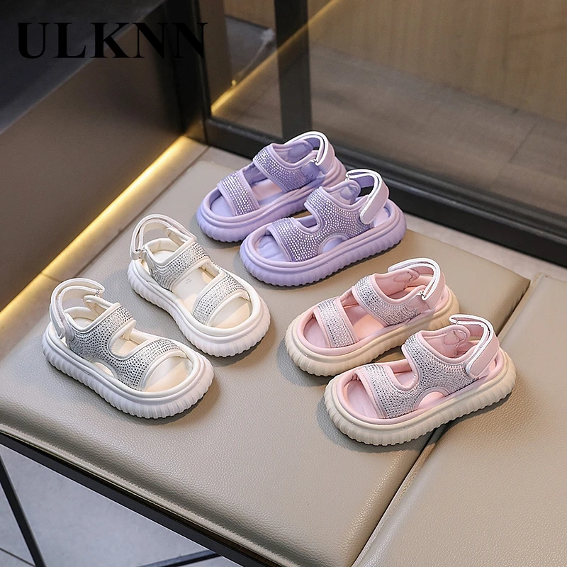 

Girls' purple sandals Students pink fashion rhinestone sandals summer new children's solid-color open-toe beach shoes