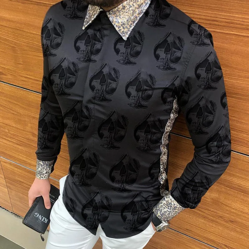 

Men's Long Sleeve Shirt 2023 Spring and Autumn New Dark Personality Printed Nightclub Party Large Size Shirt