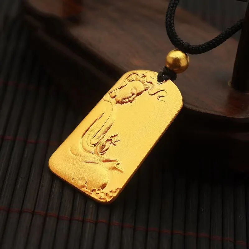 24K AU999 Gold Successful Clouds and Nothing Card Pendant Hand-engraved Nafu Square Necklace for Men and Women