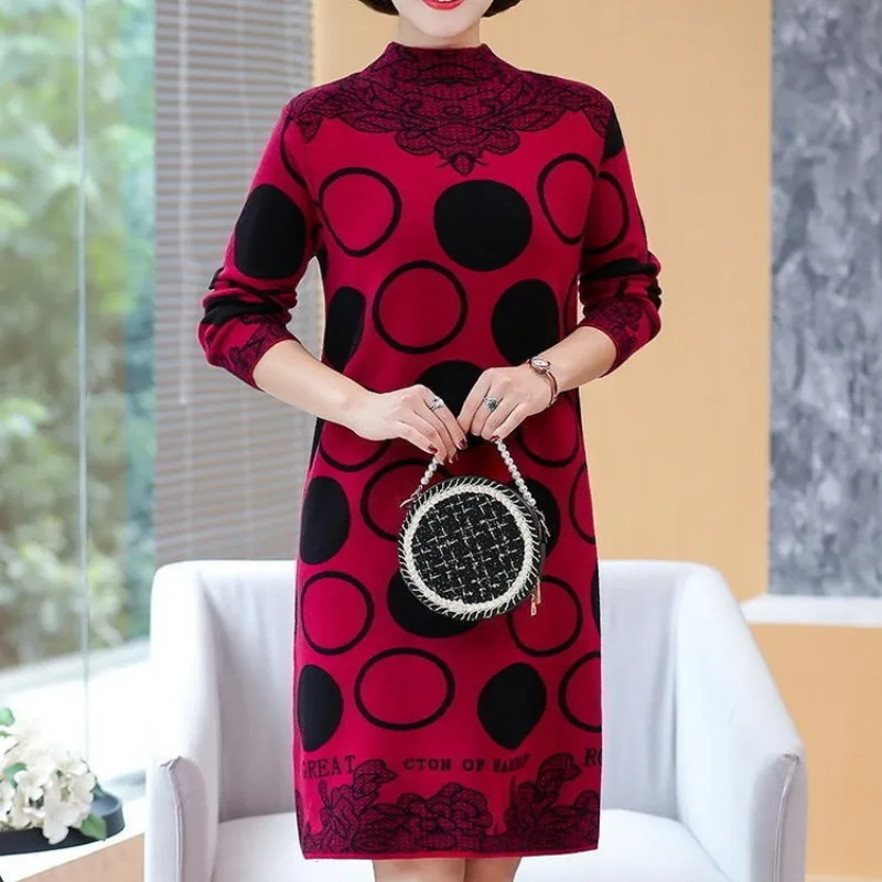 여성용 하프 하이 칼라 패치워크 풀오버, 기하학 문자, 느슨한 바닥 패션, 캐주얼 긴 소매 원피스, 가을 및 겨울