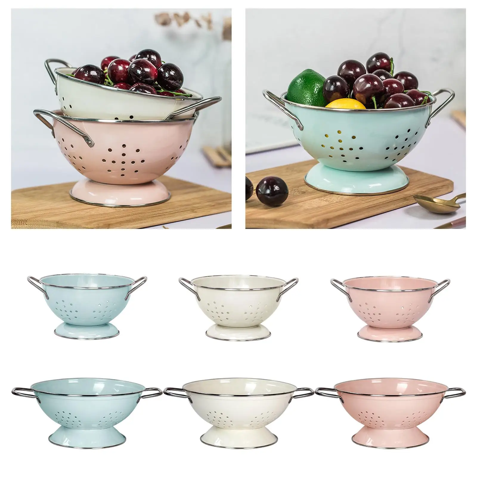 French Retro Fruit Basket Drainage Berry Colander Food Storage Baskets Serving Bowl with Handle for Countertop Veggies Fruits fruit colander