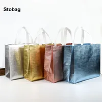 StoBag 10pcs Blue Silver Non-woven Tote Shopping Bag Fabric Portable Waterproof Storage Reusable Pouch Custom Logo(Extra Fee) 1