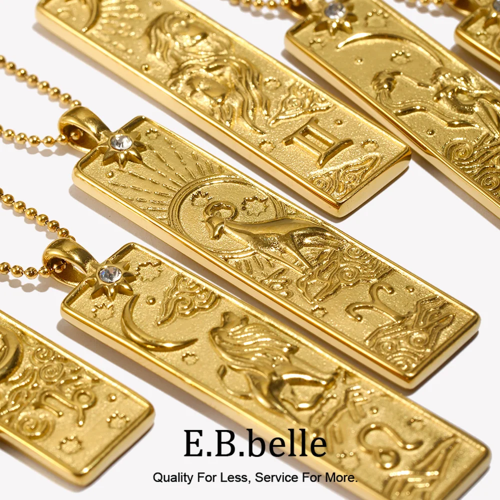 E.B.belle 18 Karat vergoldete rechteckige Form 12 Sternbild-Anhänger-Halskette aus Edelstahl, wasserdicht, modischer Damenschmuck