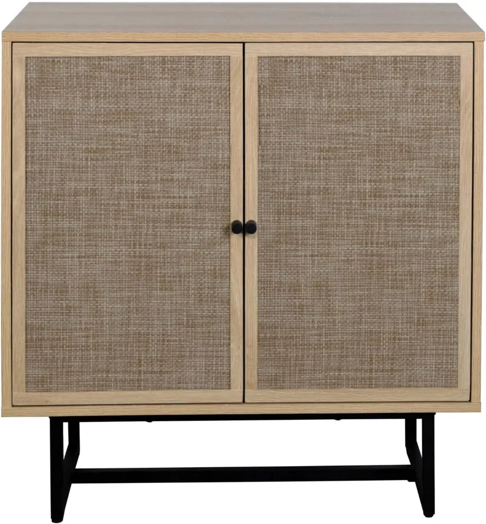 

Natural Storage Cabinet Sideboard Wood and Rattan with Matte Metal Frame, Adjustable Interior Shelves and Cane Doors, Light Oak
