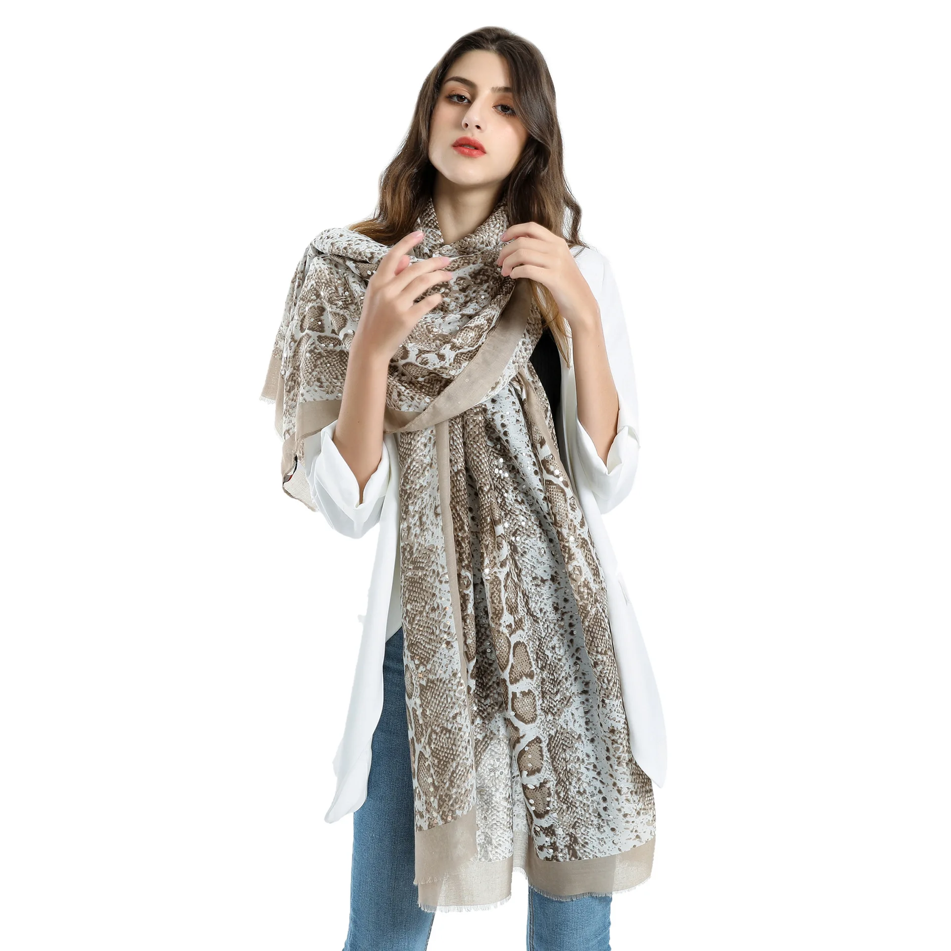 

Vintage Boa Print Sequin Decoration Personality Fashion Cotton Hemp Scarf Shawl