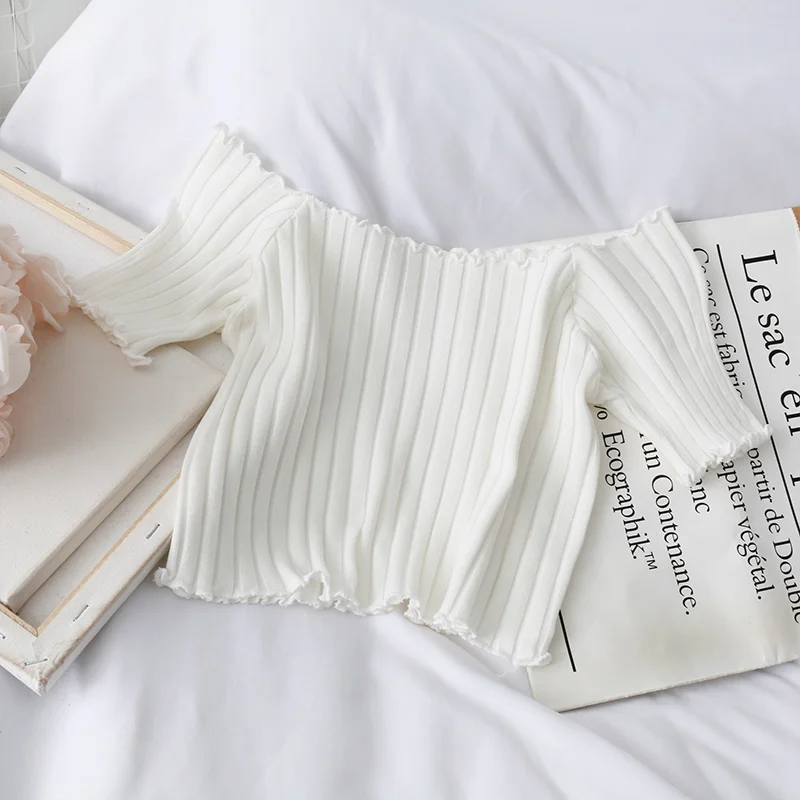 ITOOLIN Women Knitted Ruffles Hem Tops Cute Crop Tops Off Shoulder T-shirts Summer For Women Short Sleeve T-shirts 2023 Best Sellers In Women's Clothing