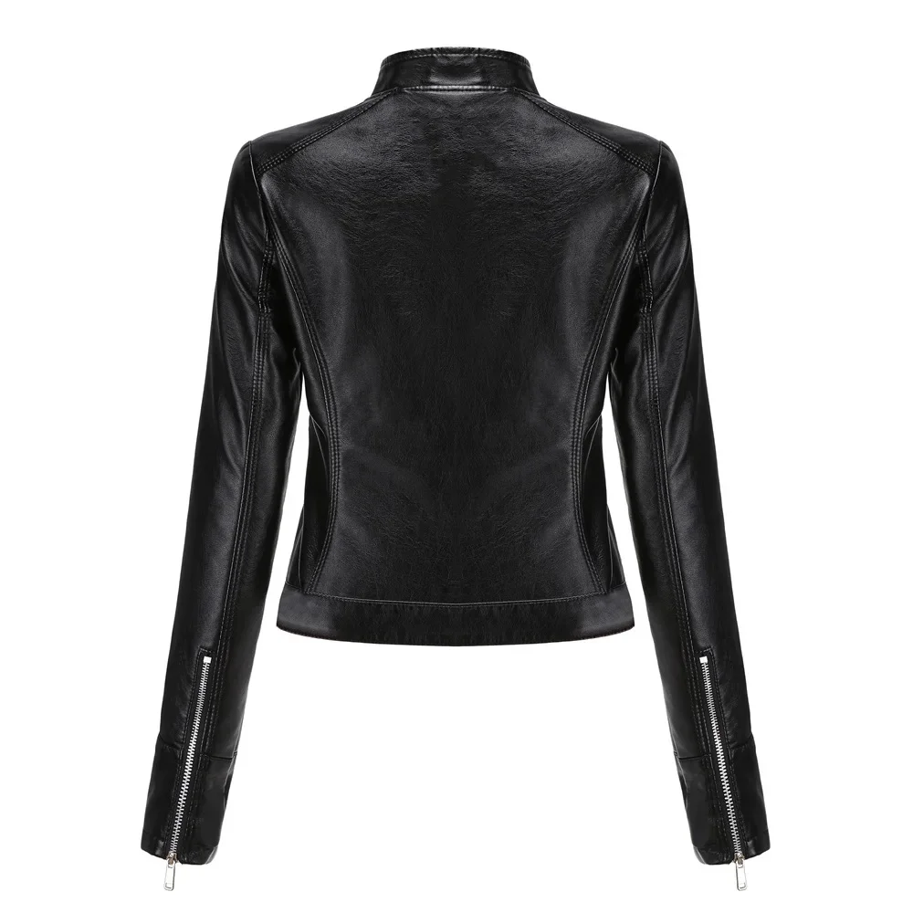 high quality short leather jacket for women big size motorcycle jacket  with belt new 2023 autumn elegant clothing black  brown