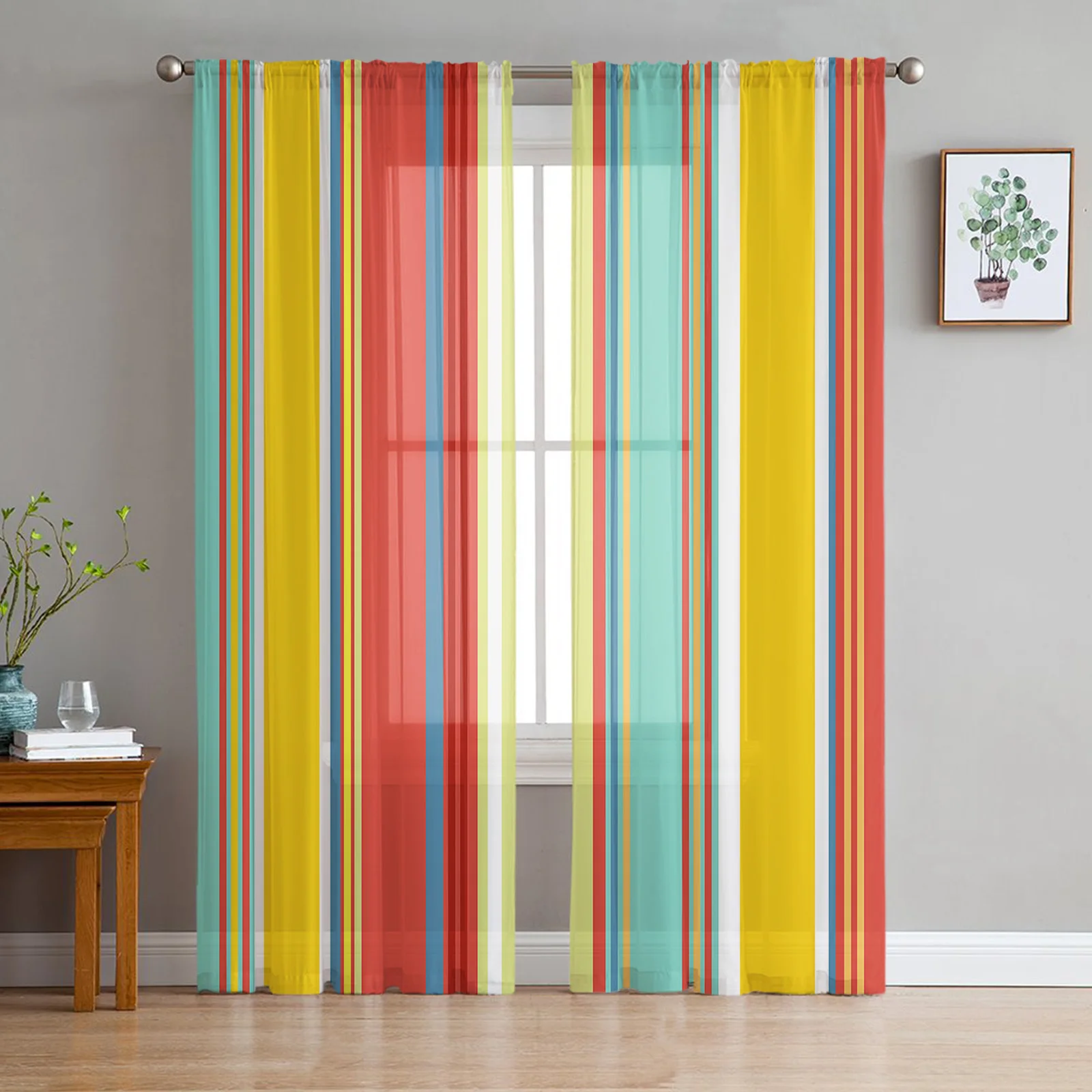 Colorful Stripes Sheer Curtains for Living Room Printed Tulle Window