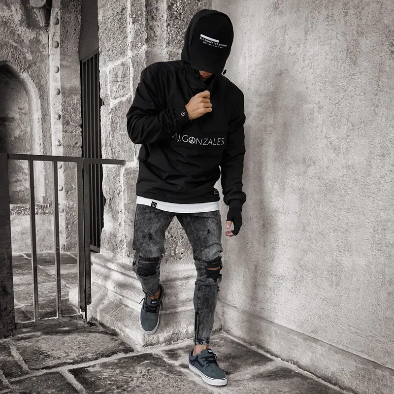 Biker Jeans Men's Distressed Stretch Ripped Biker Jeans Men Hip Hop Slim Fit Holes Punk Zipper Pure Color Denim Pants ripped patchwork jeans,ripped jeans