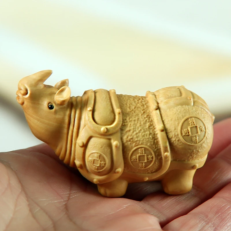 

Small leaf boxwood carved home ornaments charm rhinoceros animal natural solid wood Chinese handle piece home decor