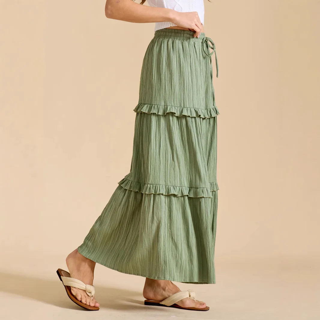 Women Elastic Waist Lace Up A Line Summer Skirt