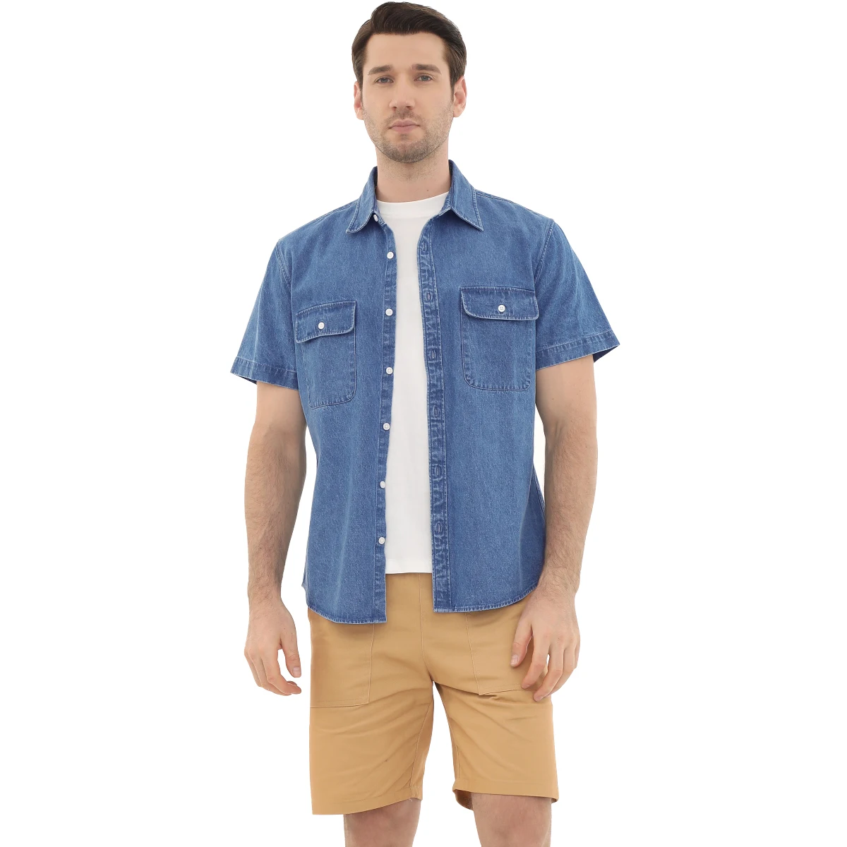 Mens Denim Shirts Button Down Short Sleeve Western Cotton Casual Work Shirt