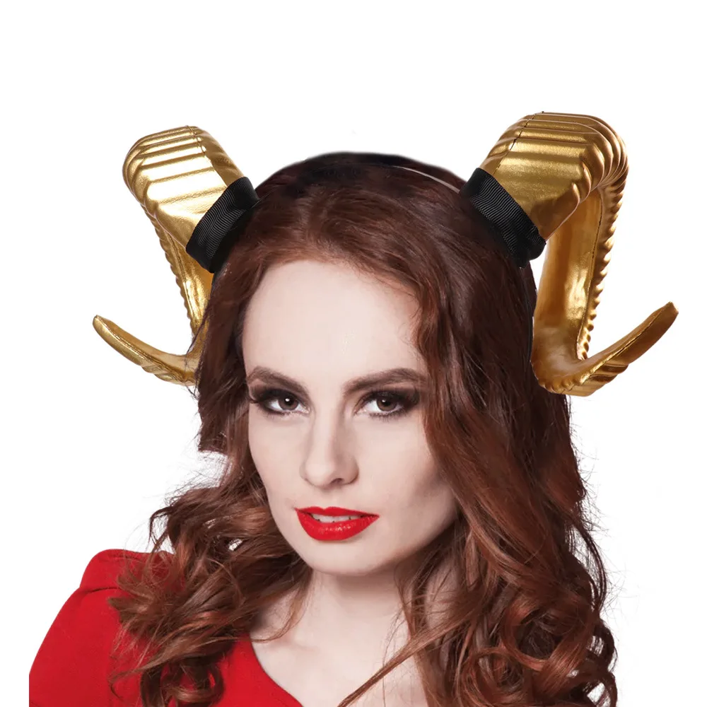 

Women Queen Horns Headband Halloween Costume Gold and Black Long Horns Deluxe Headpiece Devil Horns