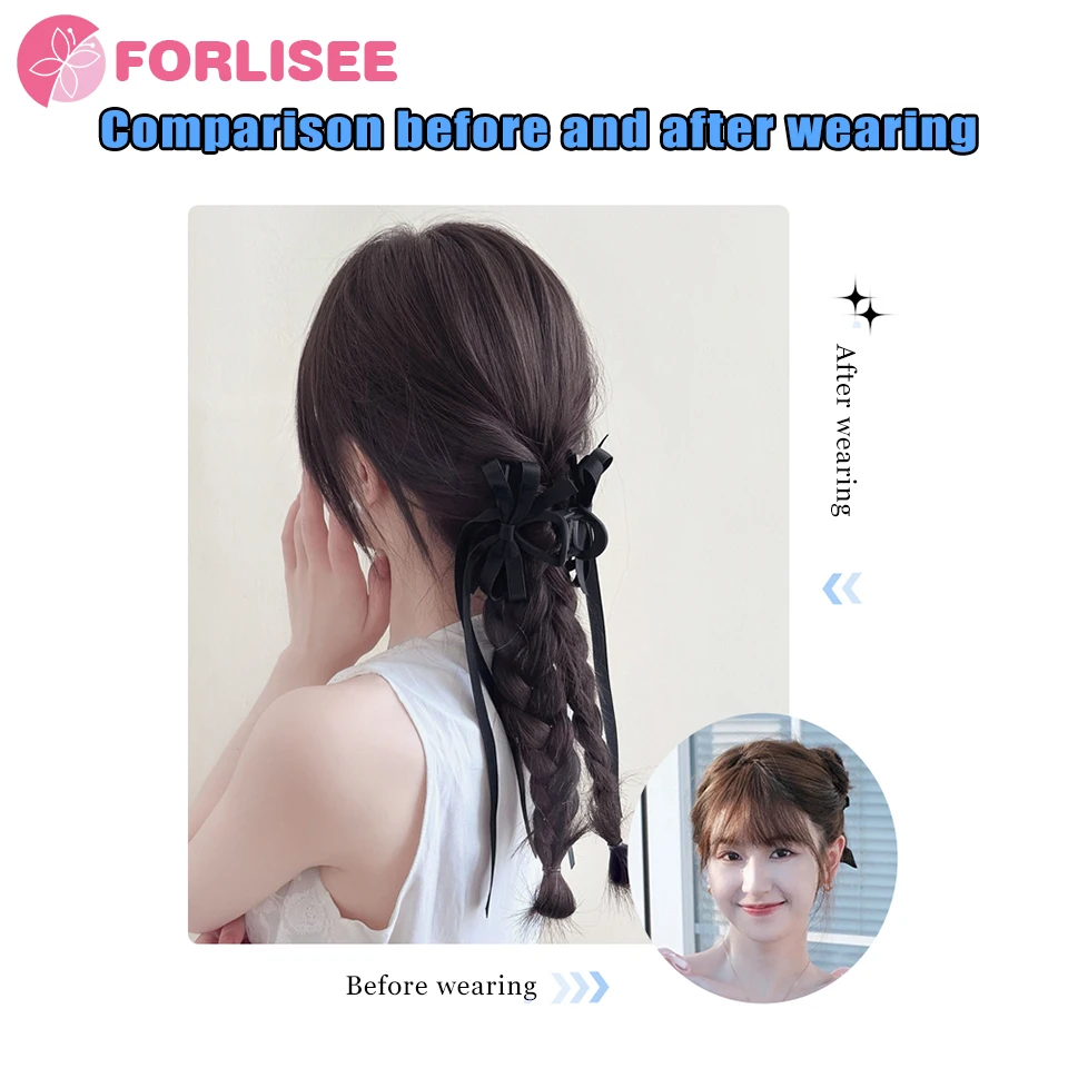 FORLISEE Wig Braid Female Fried Dough Twists Braid Ballet Style Natural Sweet Ribbon Clip Double Braid Ponytail Wig