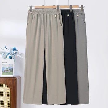 2025 Casual Office Summer Pants Fashion Brand Elastic Waist Pants Plus Size Women's Plus Size Thin Metal Buckle Decoration Pants