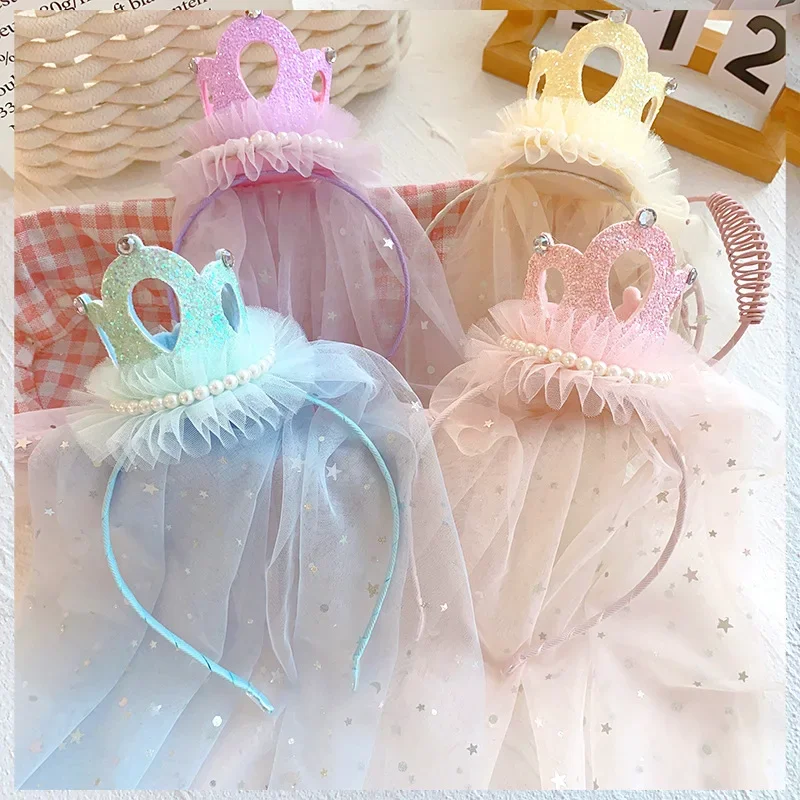 Korean New Children's Shiny Crown Headband Girls' Birthday Hairpin Head Jewelry Mesh Streamer Headband Headdress