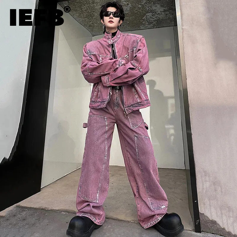 

IEFB Pleated Men's Denim Suit Personality Stand Collar Patchwork Male Jackets Large Pockets Men Wide Leg Jeans New 2024 9C4672