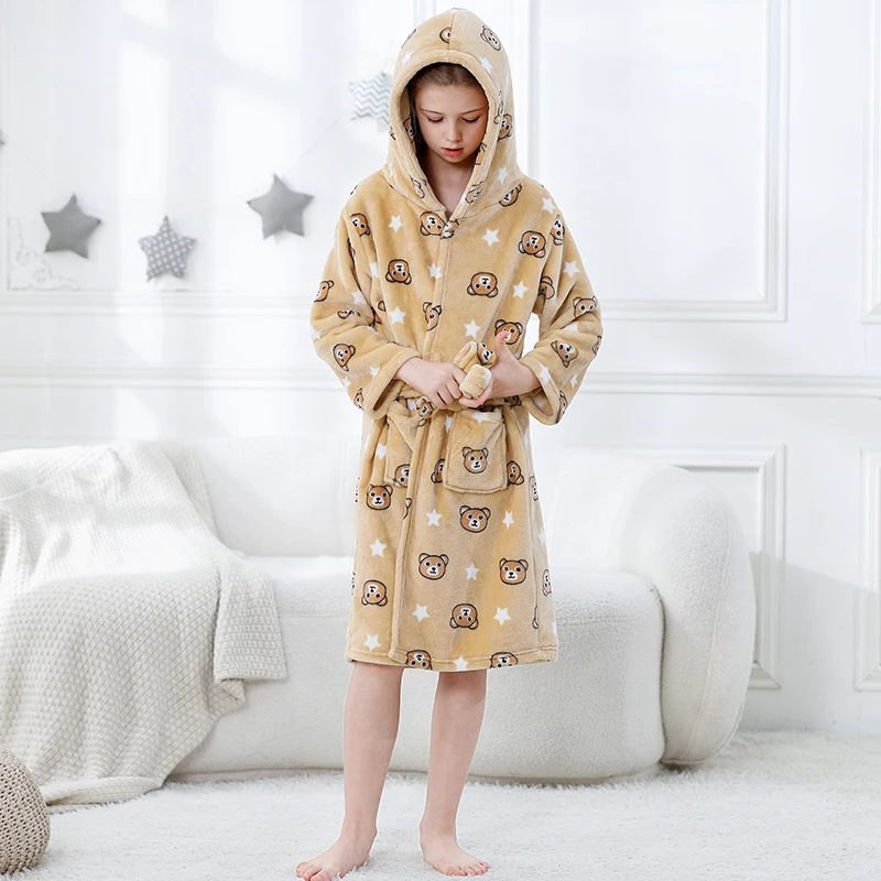 MICHLEY Halloween Cartoon Flannel Kids Bathrobe Bath Robe Pajamas Robe Children Hooded Sleepwear Clothes For Girls Boys 3Y-13Y