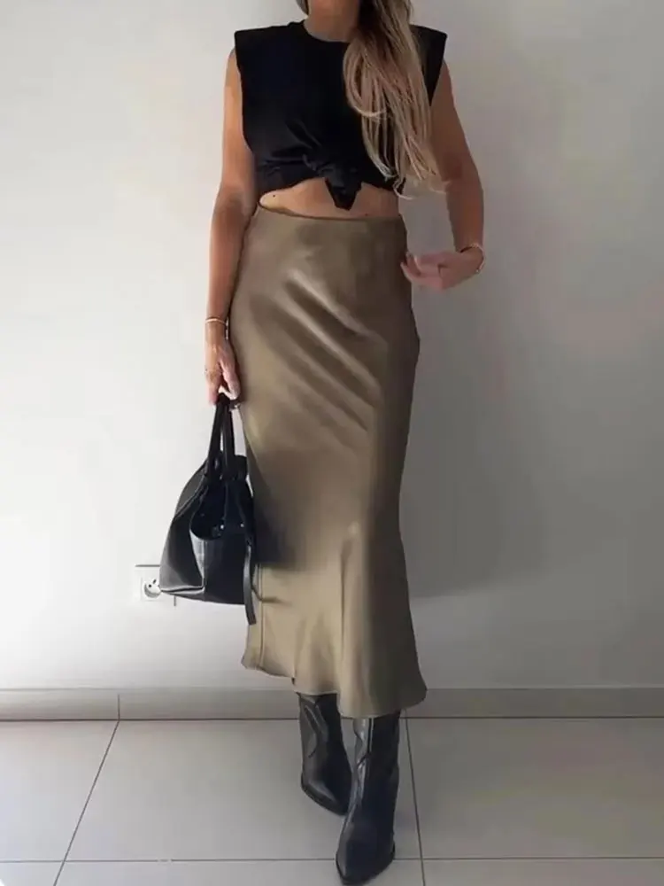 HH Women Fashion Vintage Solid Skirt Satin Slim Elastic Waist Midi Skirts Office Lady Wear Elegant Woman Chic Mermaid Skirt
