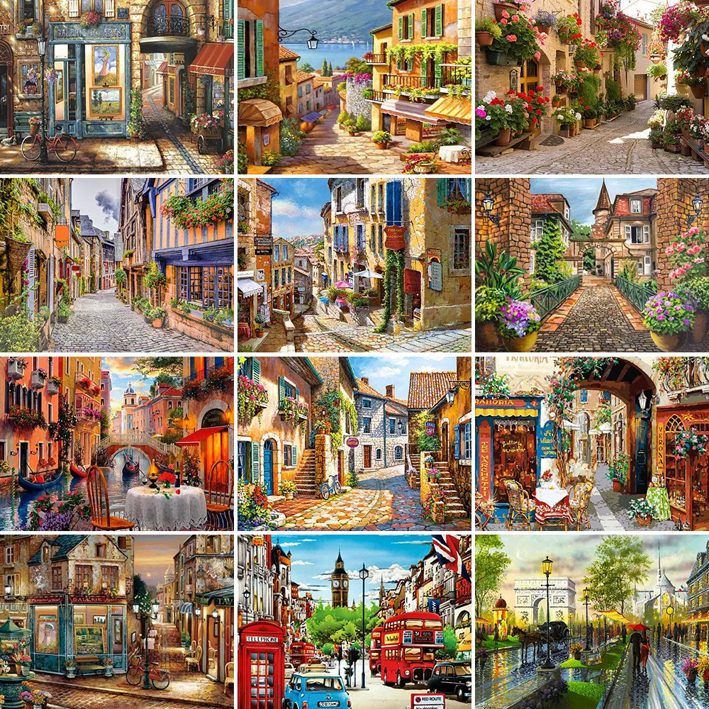 European Town Landscape Printed Canvas Cross Stitch Embroidery Full Kit Handmade Hobby Needlework Craft Gift Stamped,cross stitch kit